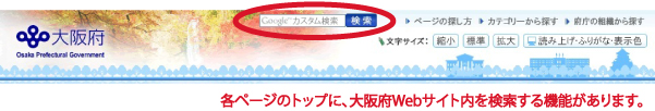 各页的顶部有检索大阪府网站内的功能。