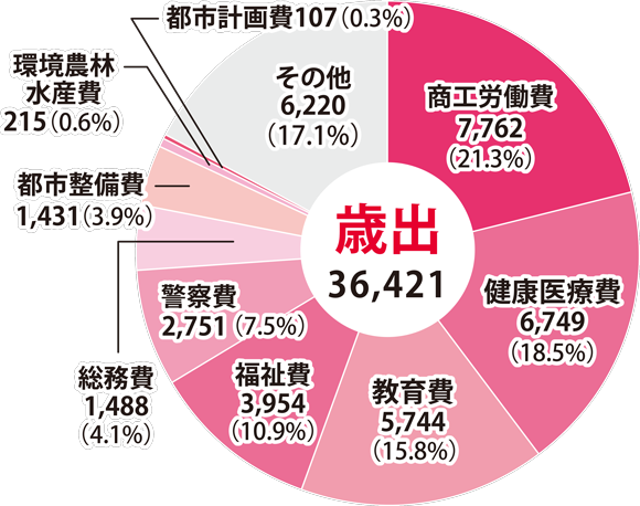 年度支出的细目是,工商劳动费7,762亿日元(全体的21.3%),健康医疗费6749亿日元(全体的18.5%),教育费5,744亿日元(全体的15.8%),福利费3954亿日元(全体的10.9%),警察费2751亿日元(整体的7.5%),总务费1488亿日元(全体的4.1%),城市建设费1431亿日元(整体7.1%),占全部7.1%)。